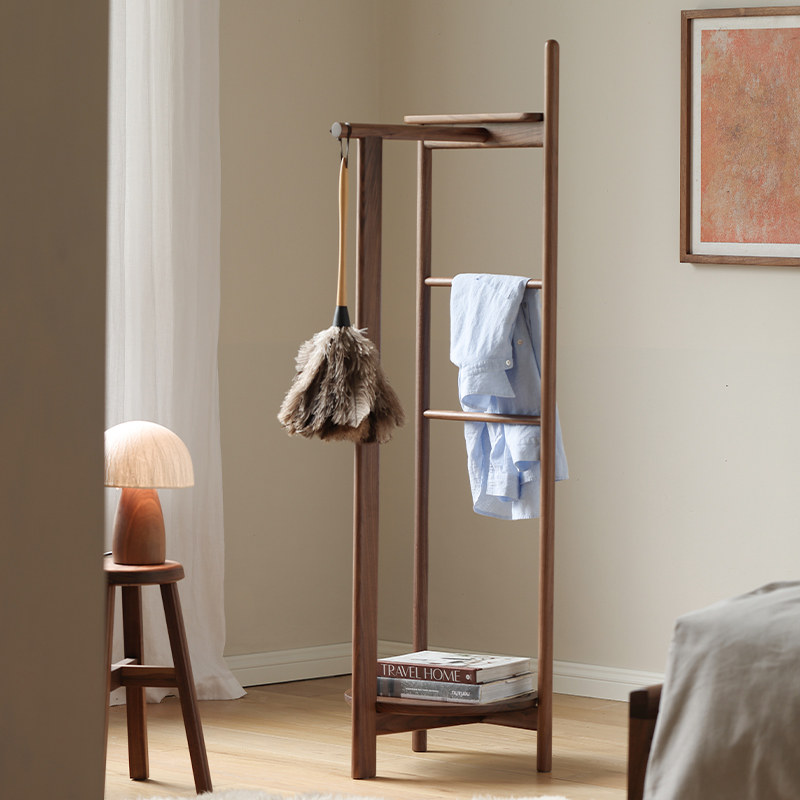 北美黑胡桃木衣帽架实木家用卧室挂衣架落地衣架转角置衣架子盆架