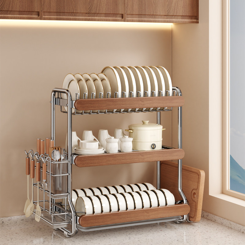 碗碟收纳架沥水架厨房不锈钢双层碗架碗盘碗筷置物架台面沥水篮子