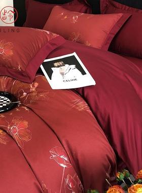 经典式复古美风120S绒长棉数码印花四件套红色EPT全棉支床笠床上