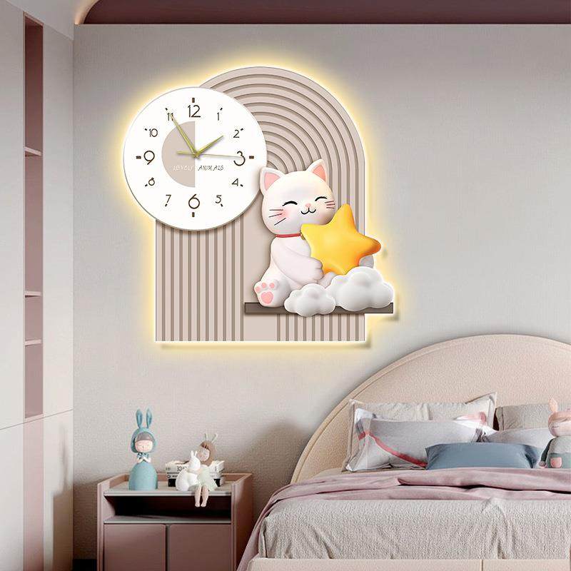 现代约钟表简卧室装饰画童可爱卡音通静钟儿房挂画led灯床头WD-ET