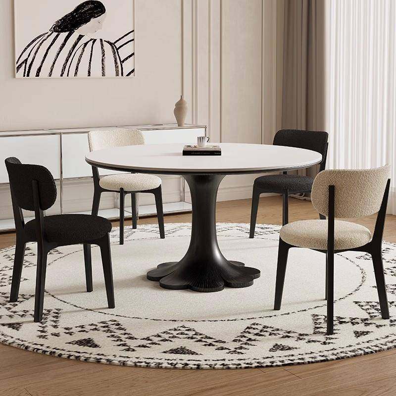 德丰古306实木岩板餐桌家用小户型高端奶法式油中风全托圆形圆利