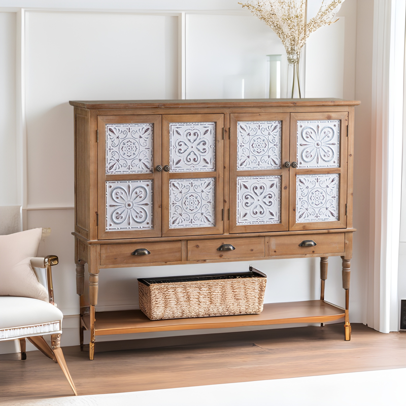 新中式原木色餐边柜厨柜民宿小众立柜批发酒店复古雕花储物民宿风