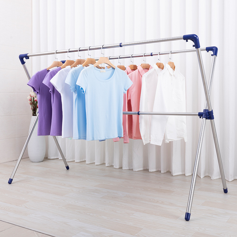 X型晾衣架阳台折叠晾晒室内室外晒被 加粗不锈钢管双杆式落地衣架