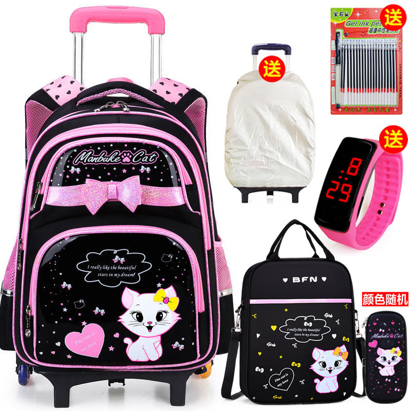 新款PU皮拉杆书包小学生女童六轮爬楼1-3-6年级儿童卡通公主防水