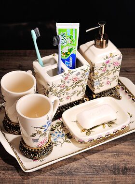 陶瓷卫浴五件套浴室用品套件创意刷牙杯漱口杯 酒店洗漱套装欧式