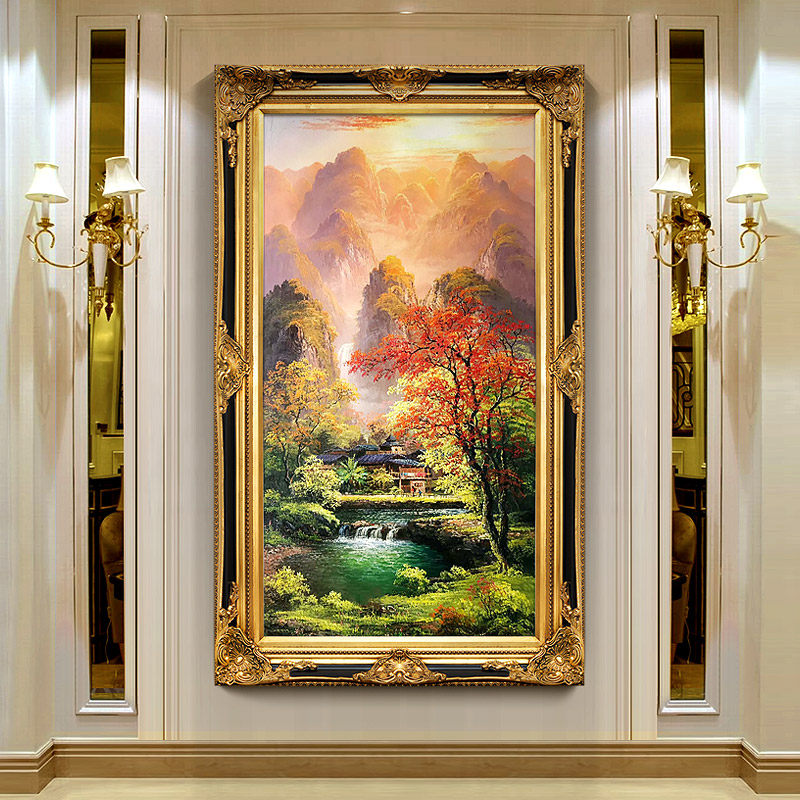 欧式风景玄关手绘油画装饰画走廊过道山水客厅挂画中式壁画聚宝盆