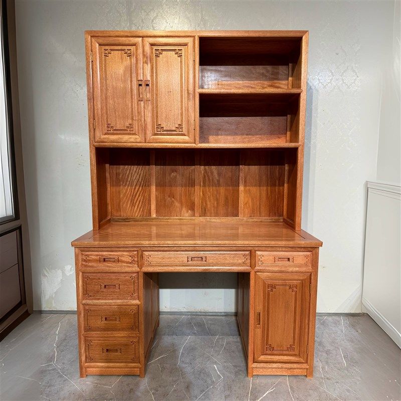 红木书桌进口菠萝格书架组合电脑桌打蜡全实木写字台办公桌1.3米