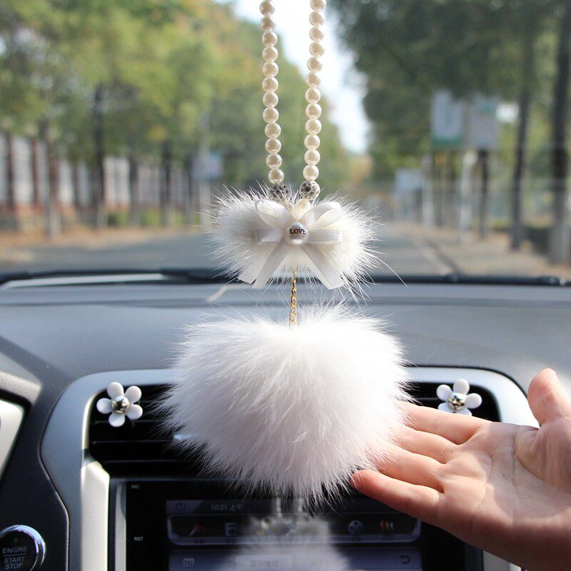 狐狸毛汽车挂件高档水貂毛蝴蝶结车内饰品后视镜吊坠挂饰品毛毛女