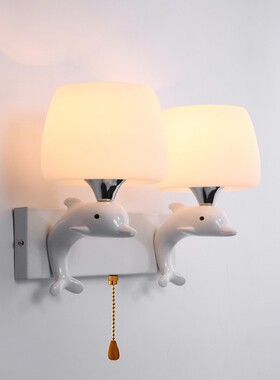 LED壁灯床头灯带拉线开关温馨卧室房间过道走廊电视背景墙海豚灯