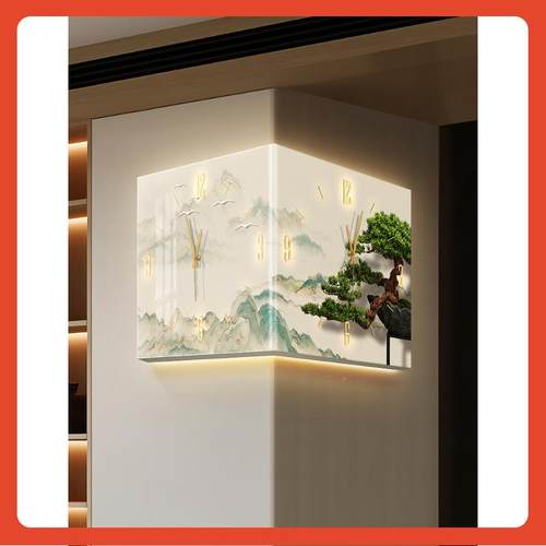 ?Fh(h(d$p新中式客角挂装饰画迎钟松拐角时钟挂画双面阳角钟表转