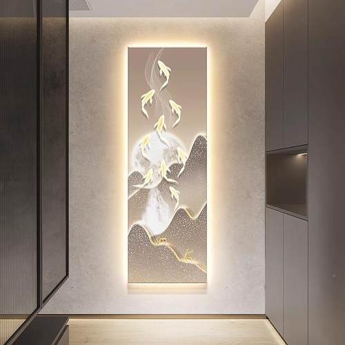 奢新中式九鱼图装饰画竖画长条le灯画NRZ入d户玄关挂轻高档走廊壁