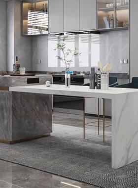 白色烤漆个岩板现中岛台餐桌极简性代一体放式吧台开85727大板简约两用