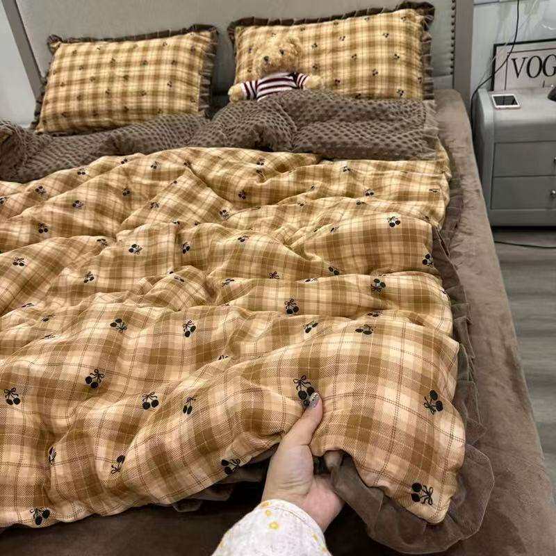 母婴A类全棉双层纱加宝宝绒四件套加厚保暖可机洗棉加绒被套床品4