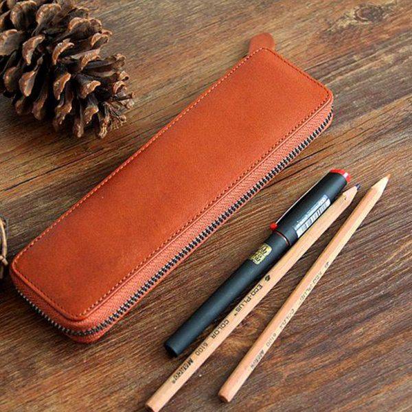 日系植鞣牛皮笔袋简约商务头层牛皮笔袋纯皮铅笔盒文具袋真皮笔袋