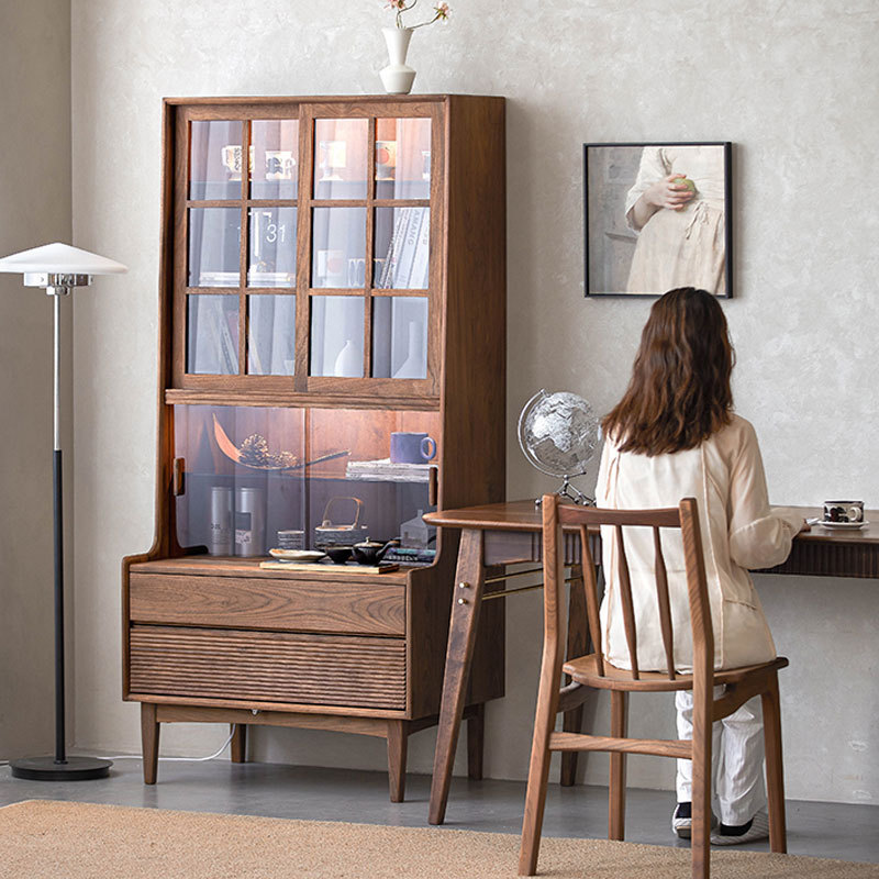 北欧全实木黑胡桃木书柜玻璃门展示柜现代简约式日式原木储物书架