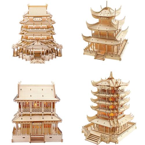 木质3D立体DIY手工制作拼图益智解压古建筑模型四大名楼摆摊创业