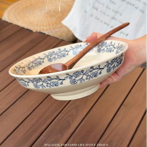法式覆古蓝玫瑰面 面碗大汤碗高温釉下彩餐具家用高颜值碗大碗沙