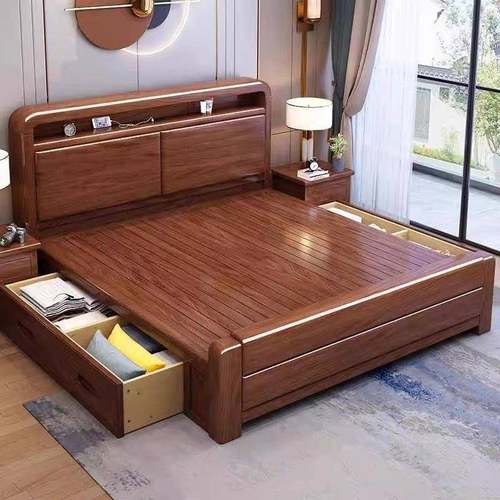 胡桃木实木床主卧家用1米5单人床现代简约1米8双人床储物床全实木