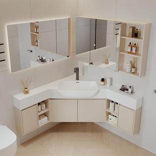 奶油风转角浴室柜个性小户型拐角洗手盆洗漱台三角浴室柜组合卫浴