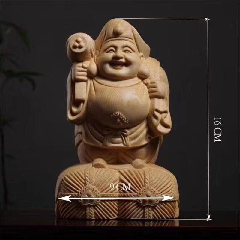 桧木雕刻大黑天门护法七福木质工艺品像木雕摆件