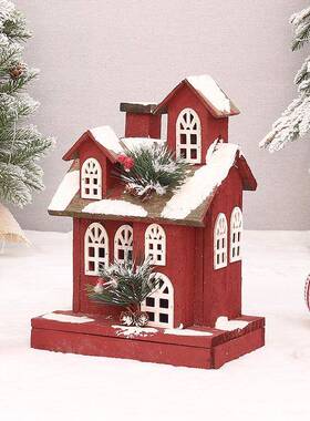 诞节装饰品红色木屋教亮灯雪景木圣质城堡堂件房子场景布91614置