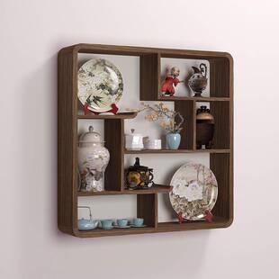 8V新中式木艺壁挂式挂墙博古架客厅墙壁多宝阁格子置物架茶壶展示
