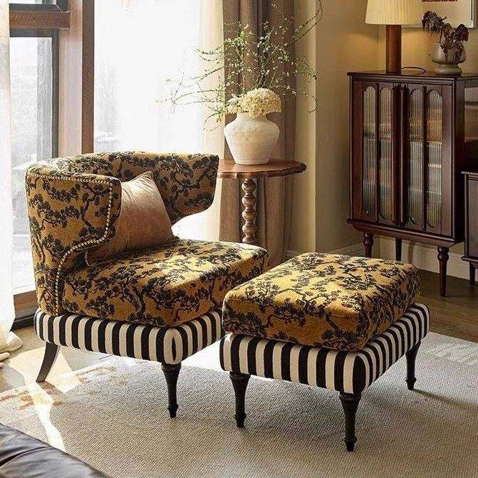 法式复古实木单人沙发椅中古风休闲椅懒人沙发椅阳台椅懒人休闲椅