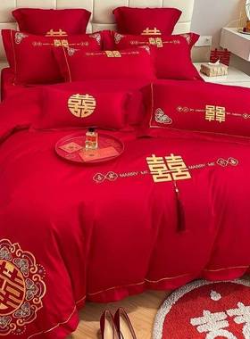 E4C高d674hFDb挡中床式龙喜凤结婚床四件套大红色单床笠被套刺绣