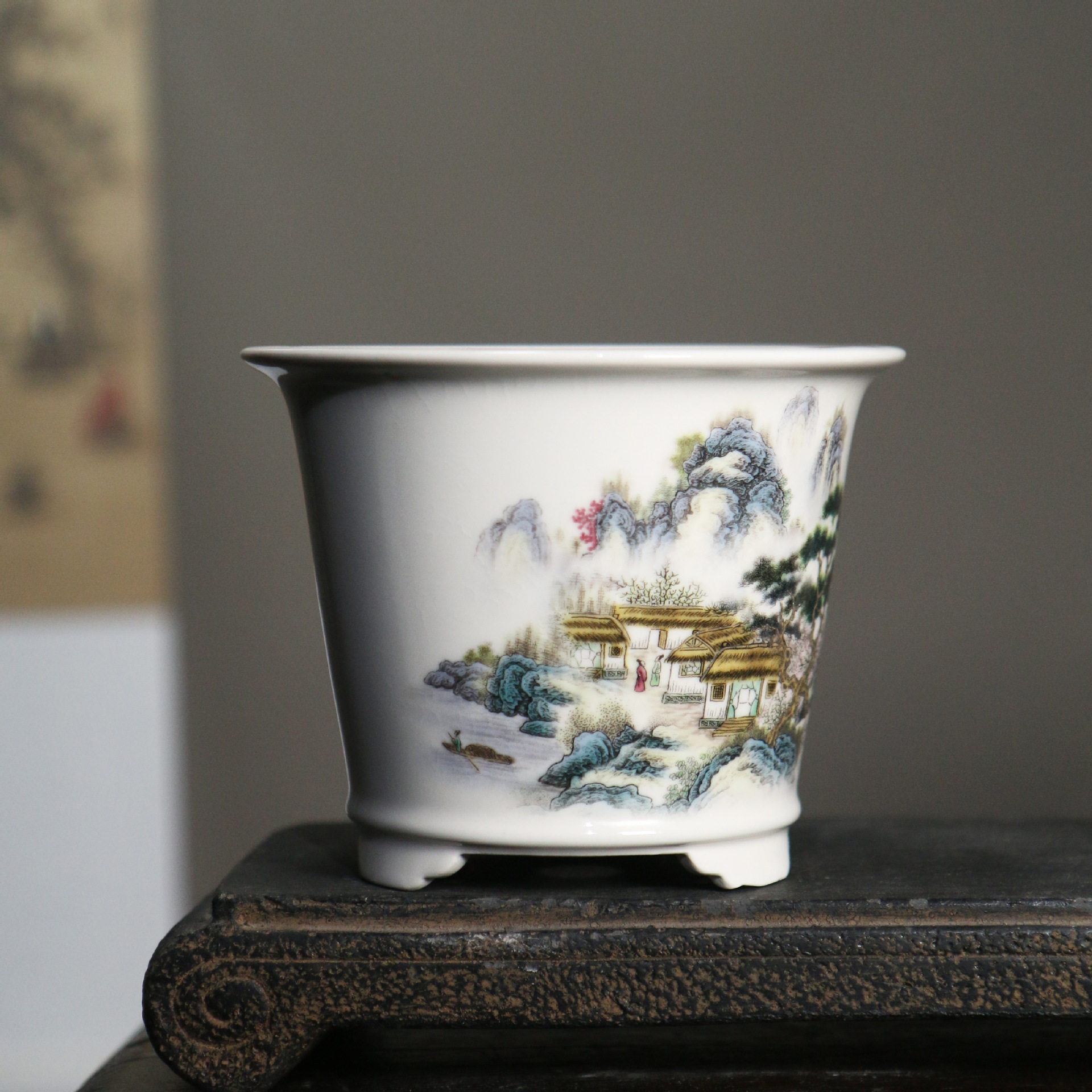 紫砂花盆陶瓷盆景盆精品高盆山水手绘墨绘古典中国风水墨画觅陶乡