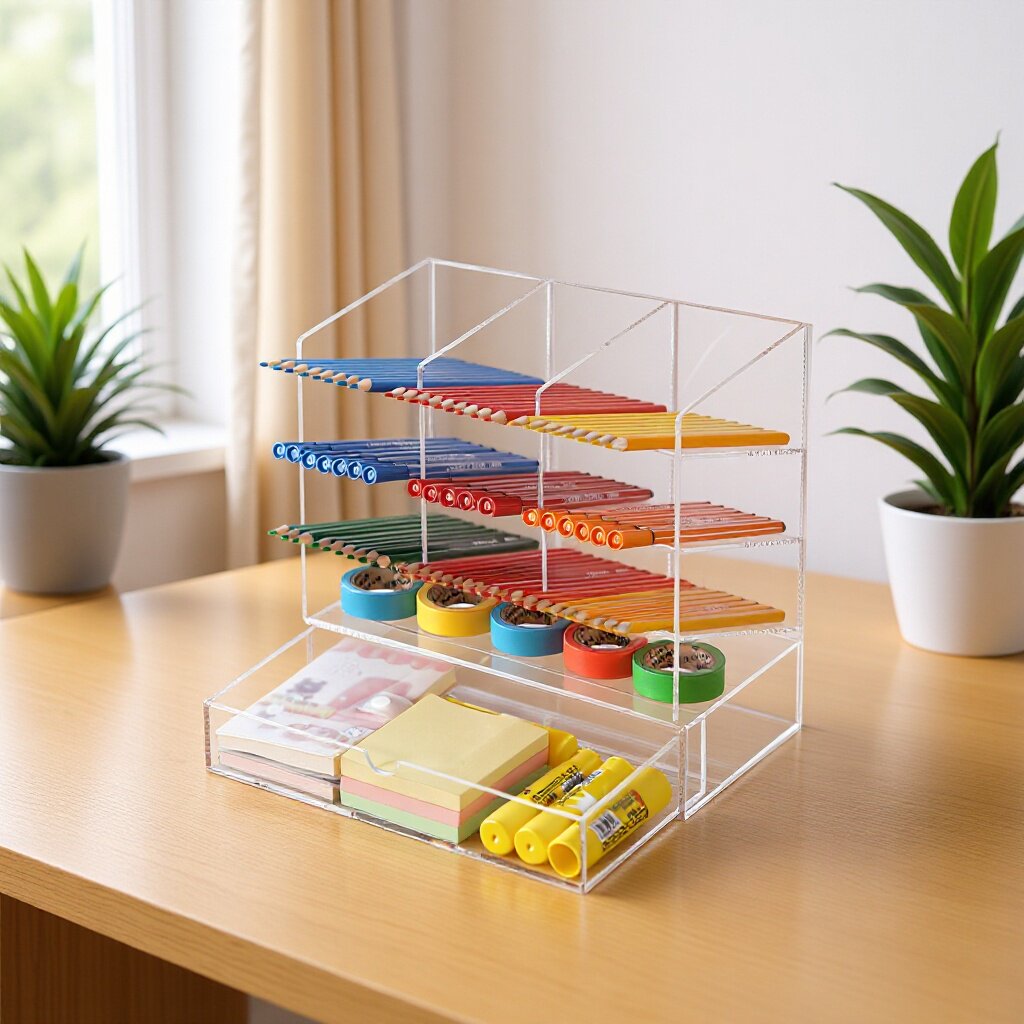 斜插笔筒收纳跨境透明亚克力玻璃专用文具收纳盒带抽屉展示架
