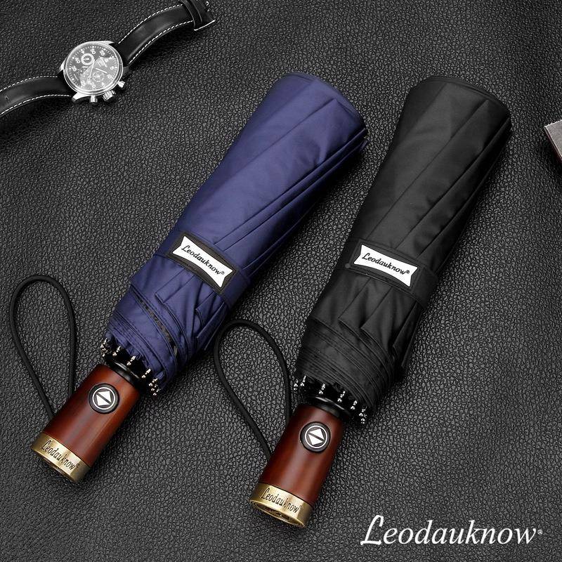 欧1士多娜Leodaukn180628ow0骨全自务动雨男士商实木伞铜柄黑胶太