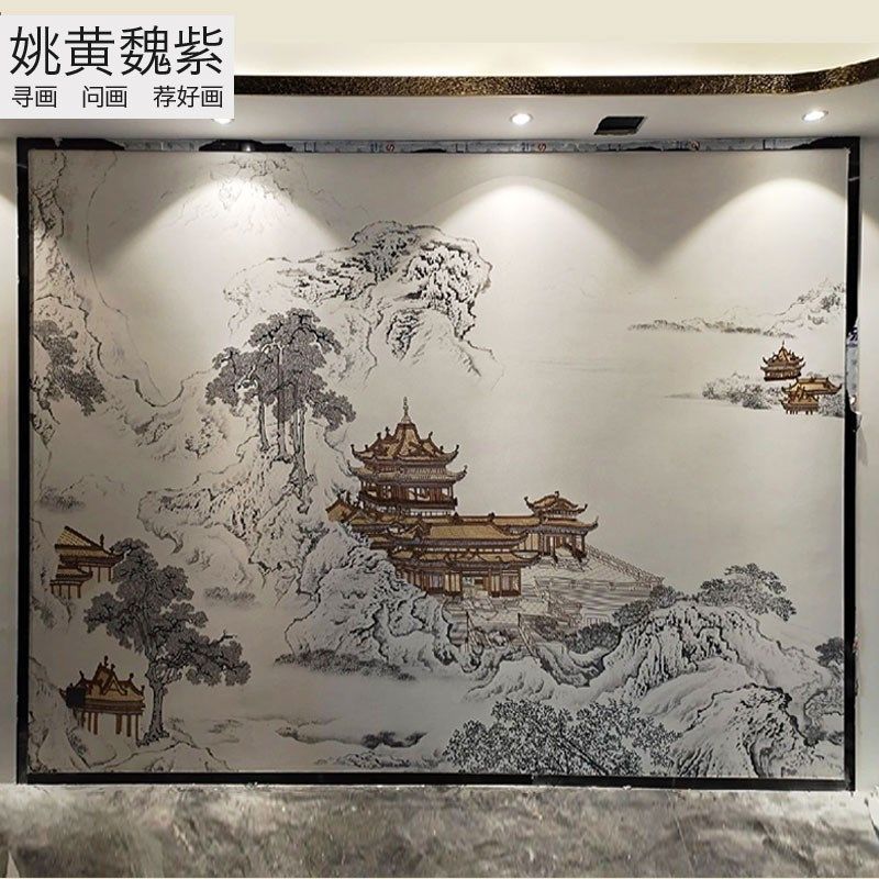 半刺绣壁布酒店包厢亭台楼阁印加绣壁画宫殿山水卖场硬包背景墙布