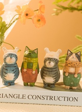 复古创意木雕猫咪个性桌面摆件手工雕刻工艺品书房办公室造景装饰