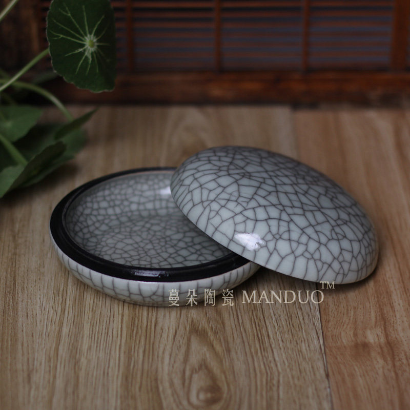 哥窑开片陶瓷粉盒 仿古开片瓷器印签盒印泥盒 文芳装饰陈设用品