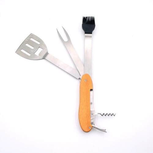 厂家BBQ多功能烧烤工具组合烤具木柄料理铲不锈钢五合一烤具