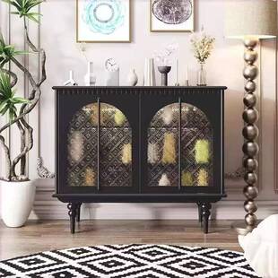 法式玄关柜复古实木储物装饰柜玻璃门带感应灯客厅美式轻奢餐边柜