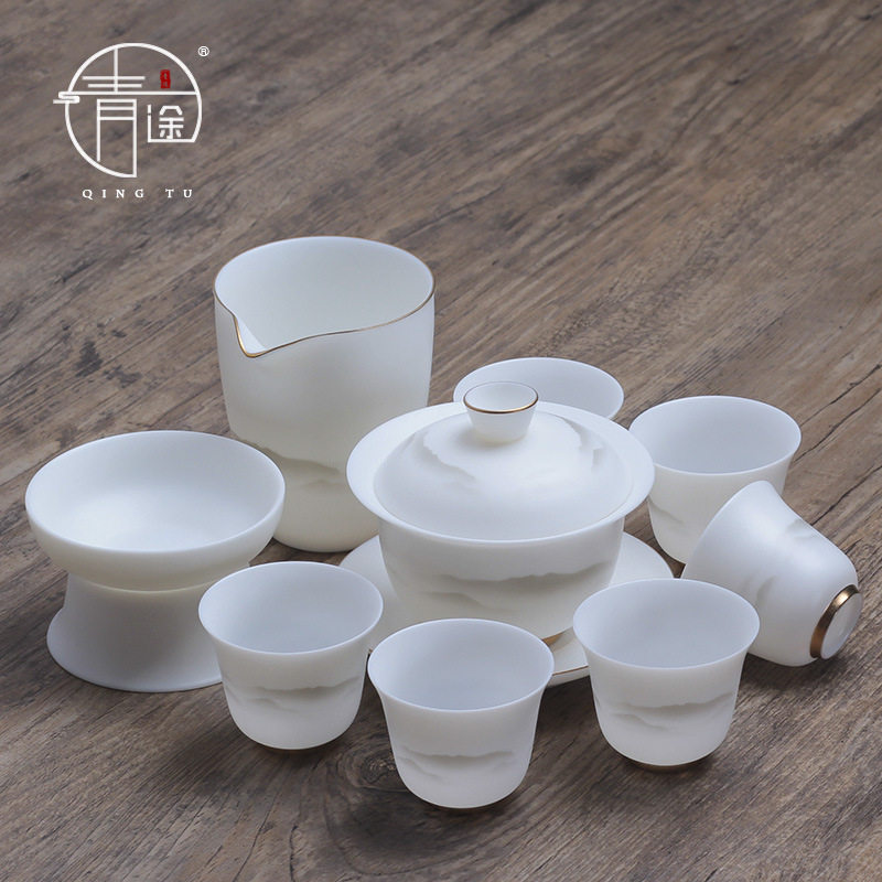 轻奢素烧白瓷功夫简约茶具套装家用泡茶器盖碗茶杯羊脂玉送礼茶具
