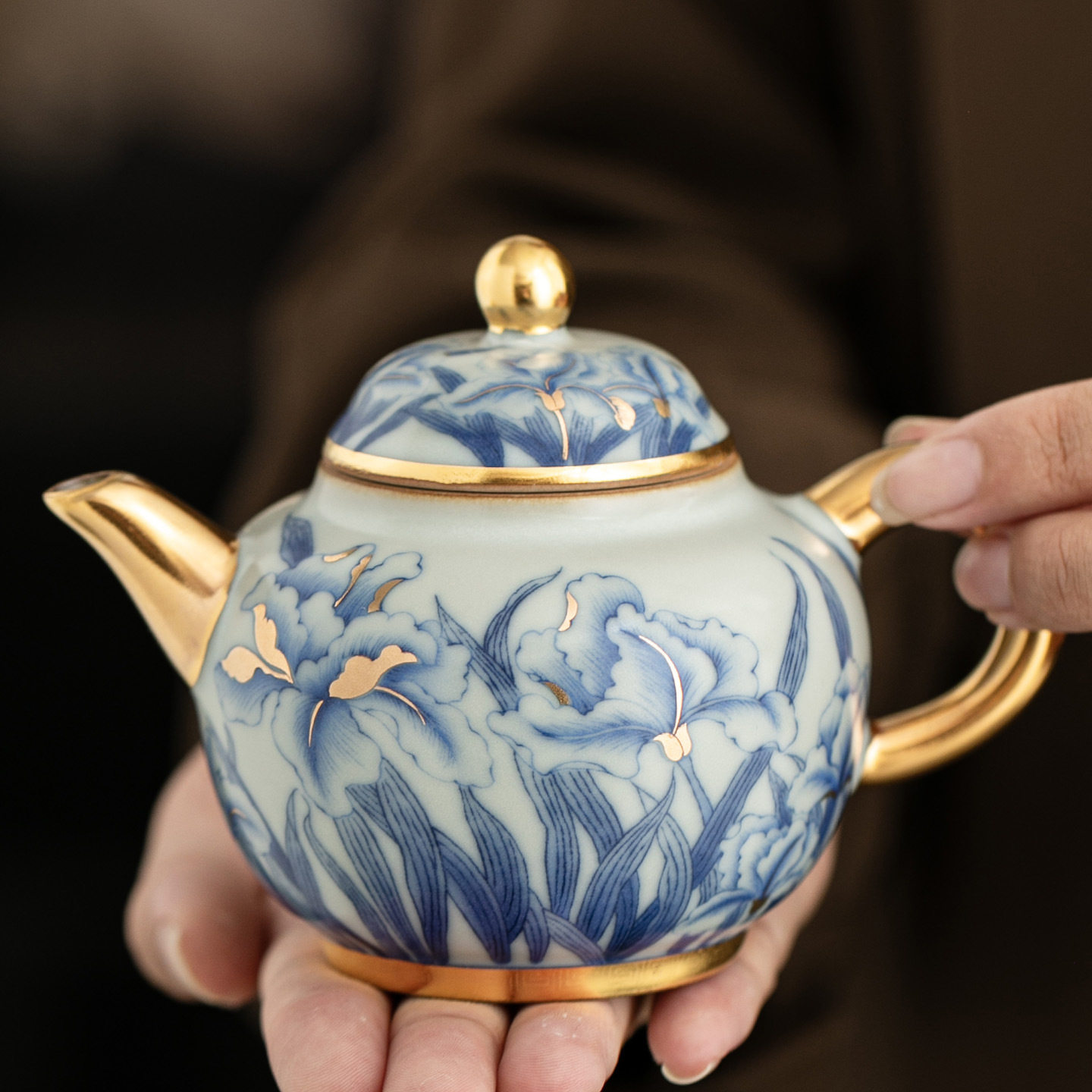 汝窑茶壶釉中青花壶创意手工描金绘金高档泡茶壶中式玛瑙茶壶可养