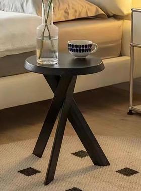 复古实木角几茶简约圆凳厅床RJD头置物架客沙发小几黑色圆桌可边