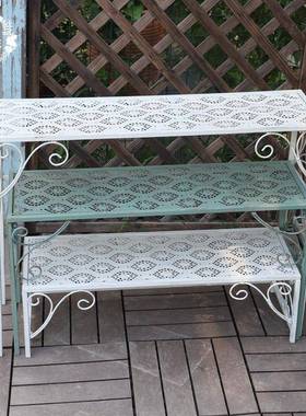 铁复古旧做鱼纹三层楼梯花架实ZMB用梯阶式三件套置艺物架小长桌