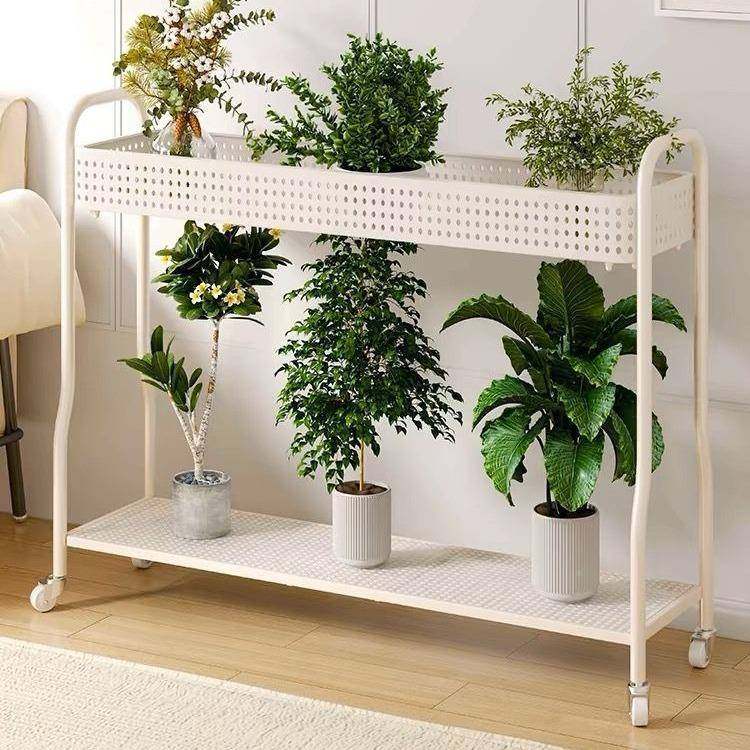 奶油地移动铁艺花架落式双层室IYH内带轮肉花盆架风阳台客厅多置