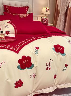 长绒棉四件套上结婚120s纯全棉大红RYQ轻件奢拼被色喜套新婚庆床