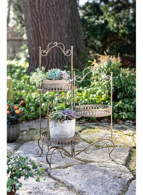 法式乡村做旧复古铁艺墨绿色复古做旧三层折叠花架展示架