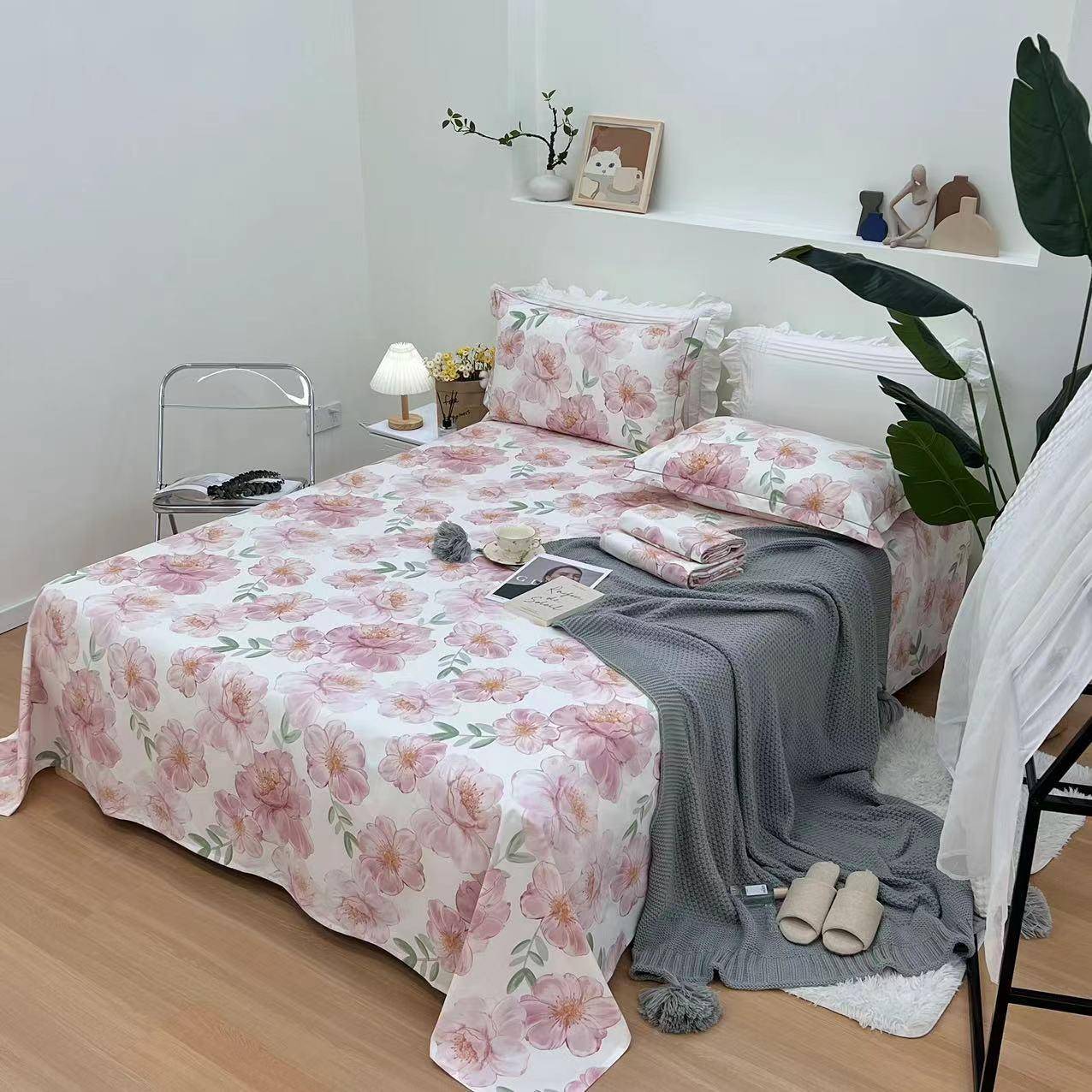 纯棉老粗布床单粉色印花简约老粗布纯棉被罩床单三件套