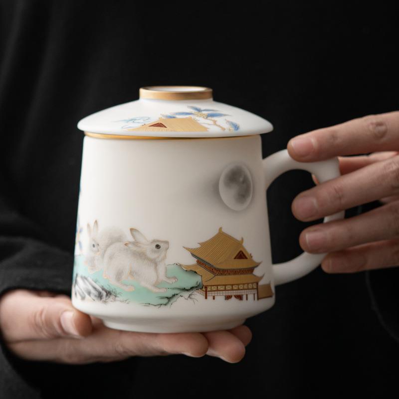 羊脂玉茶杯茶水分离泡茶杯陶瓷办公室会议杯子带盖过滤马克杯刻字