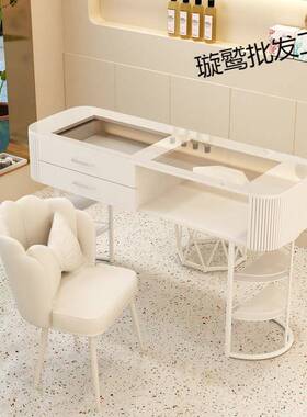 折叠风美甲桌白色灰色玻璃单双人网红轻奢美甲台美甲店套装专用