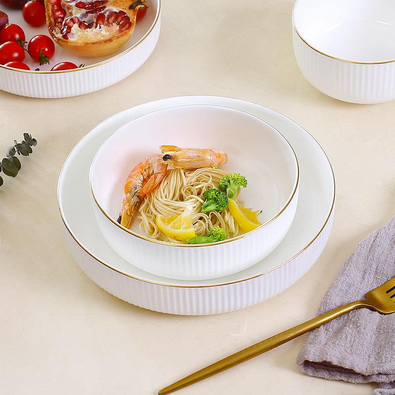 白家金边纯骨瓷餐具套装盘子菜盘深盘创意陶瓷窝用LBT盘蒸蛋汤盘