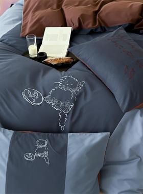 588日系100支纯棉磨S毛刺绣贪吃猫蓝色四套件1深.5m1.8米HVW床上