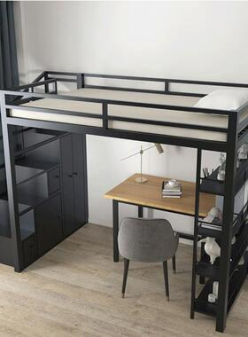 意式简铁艺DZU高架床小极户型家用卧室省空床间上铺公寓子带柜阁