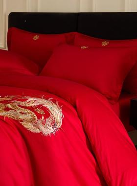 新款结婚四件套10支长绒庆棉49154婚大红色简约被陪0嫁喜婚嫁床上